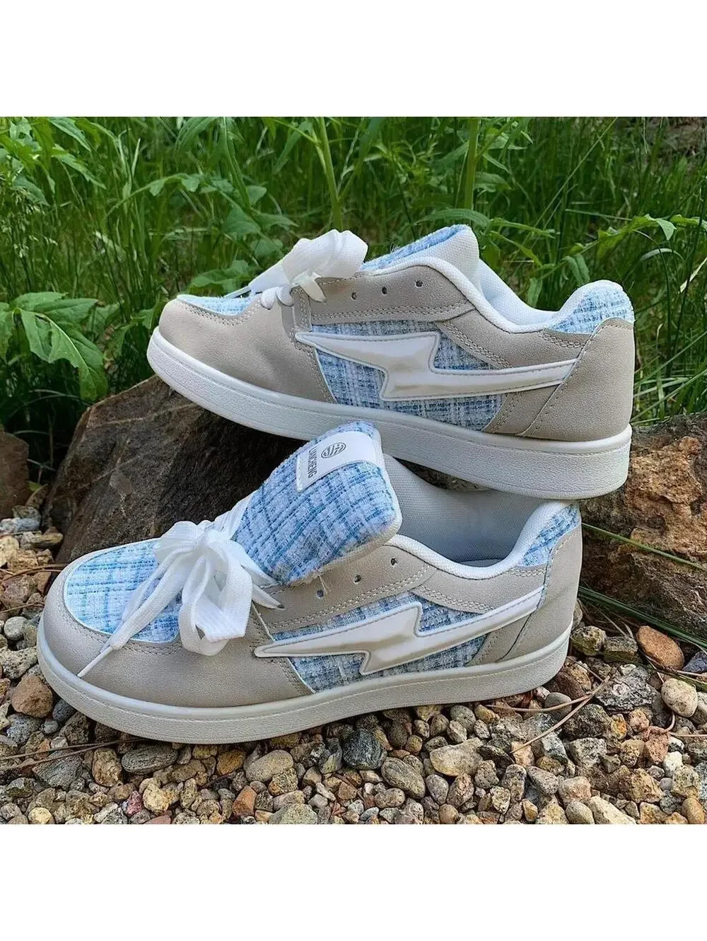 Y2k style Skater Streetwear Light Blue Plaid with White lightning bolt grey